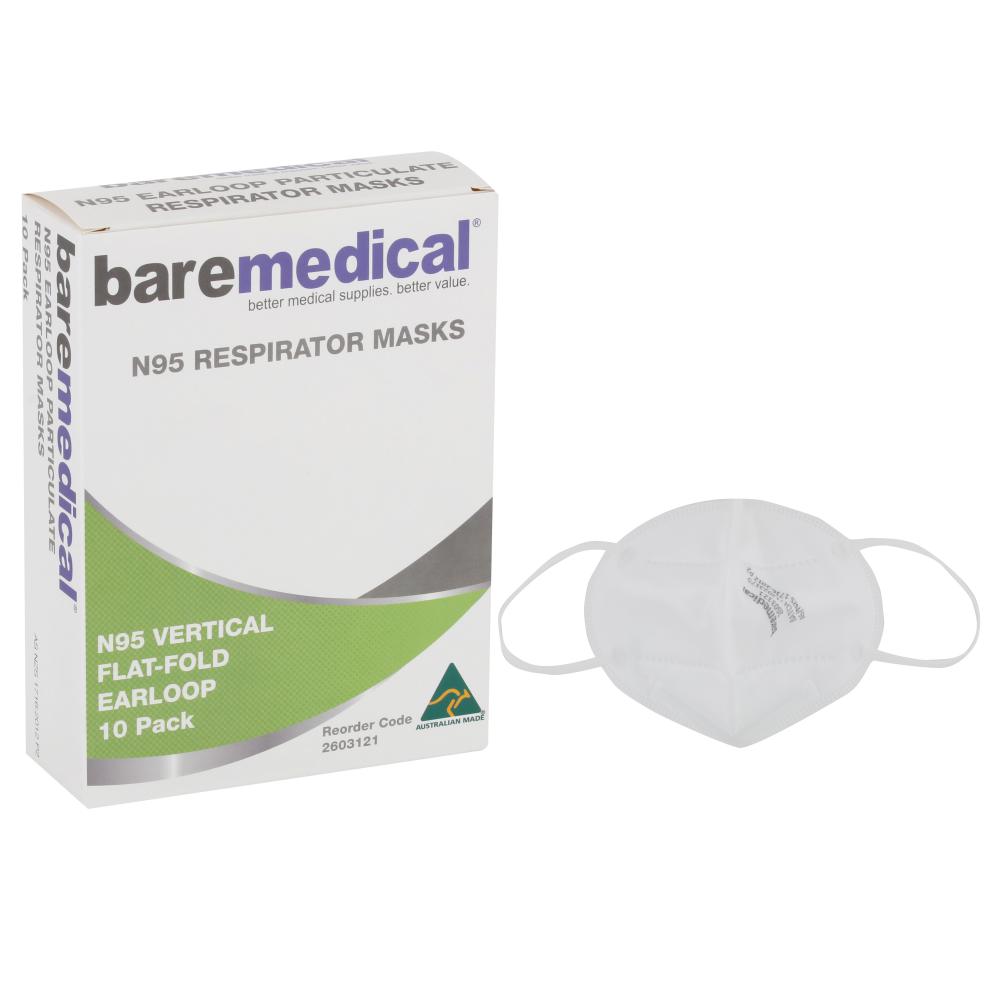 N95 Mask Vertical Flat Fold Earloop Particulate Respirator “aus Made” Baremedical