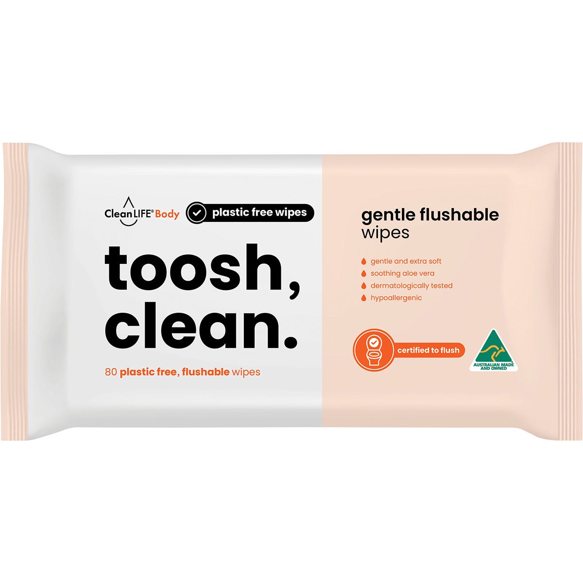 Flushable Plastic Free Wipes Toosh Clean 80pk