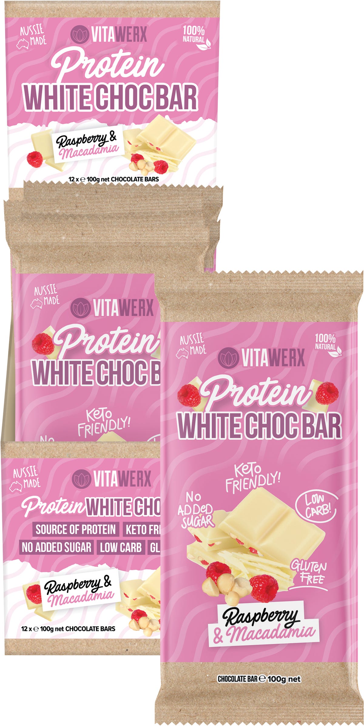 Protein White Chocolate Bar Raspberry Macadamia 12x100g