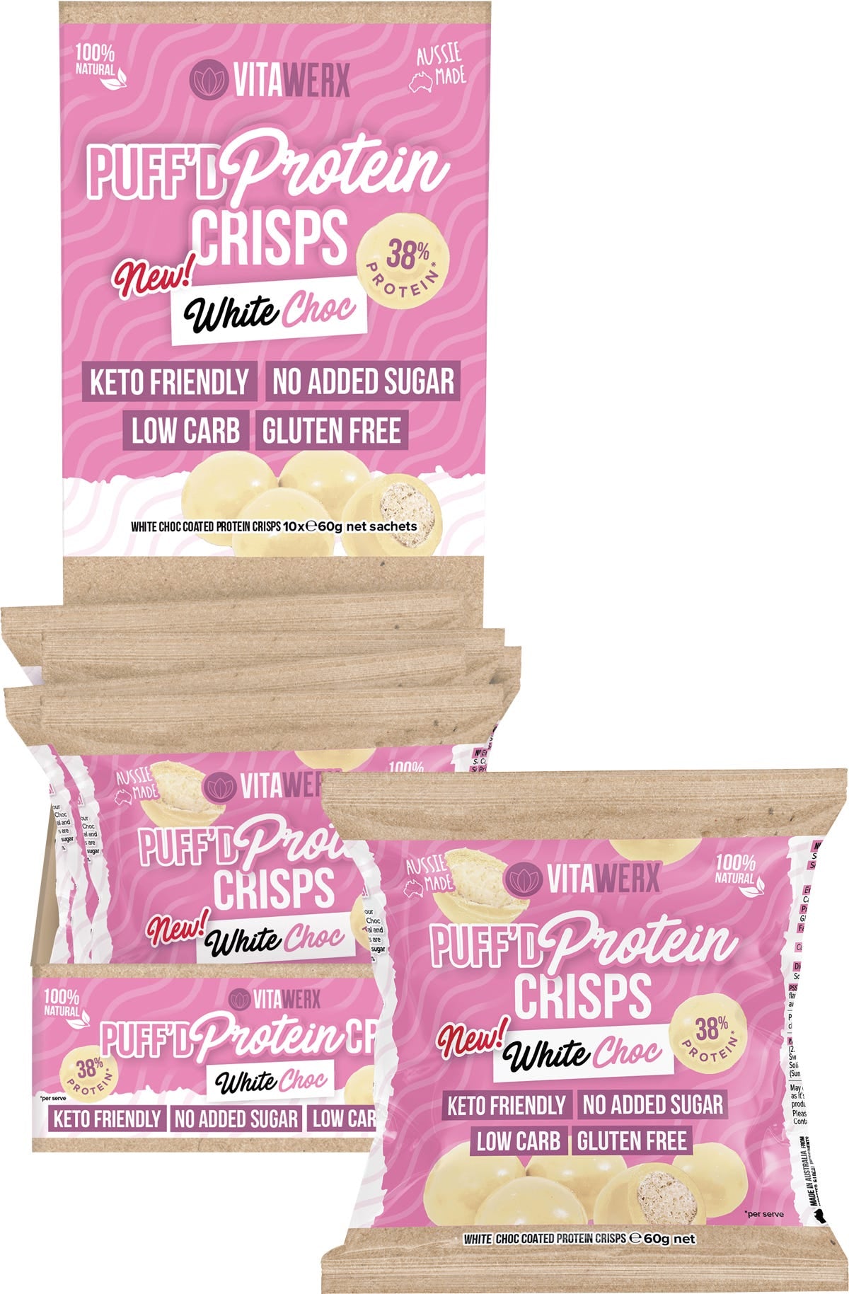 Puff'd Protein Crisps White Choc 10x60g