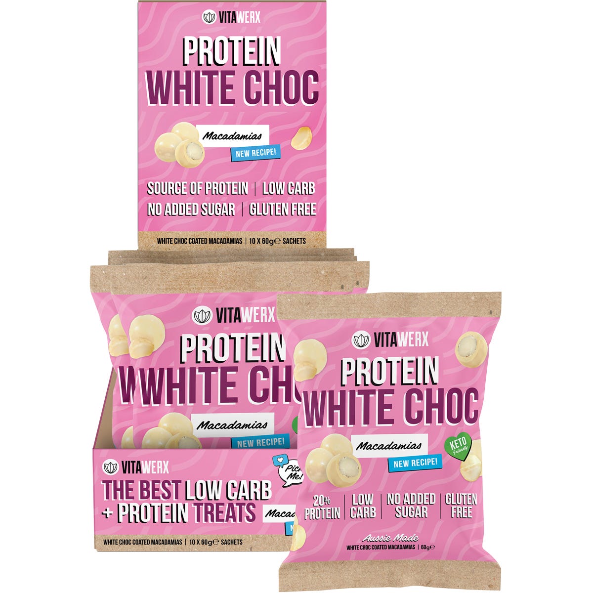 White Choc Coated Macadamias 10x60g