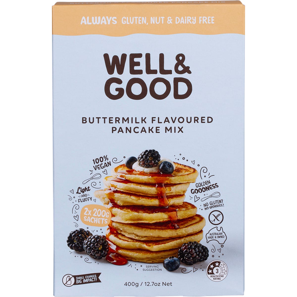 WELL & GOOD Buttermilk Flavoured Pancake Mix (2x200g sachets) 400g